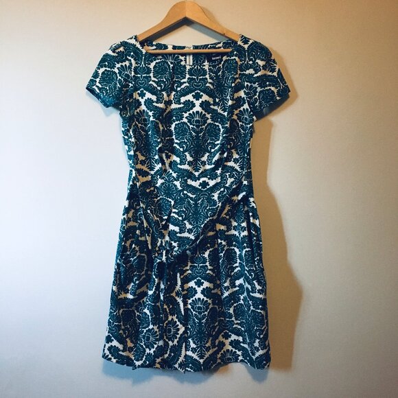 Teal Folksy Damask Print Short Sleeve Dress - Picture 1 of 16